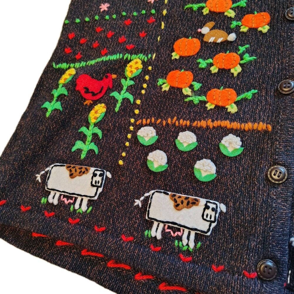 Vtg 90s Susan Bristol Farmcore Knit Cardigan M Sweater Cow Garden Cottagecore - Picture 9 of 11